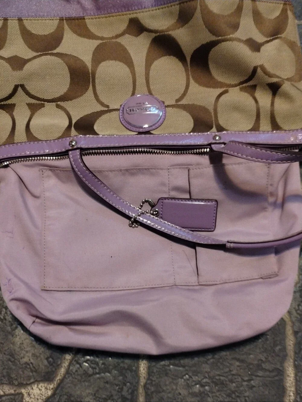 COACH Signature Logo Stripe handbag khaki purple double leather handles VINTAGE